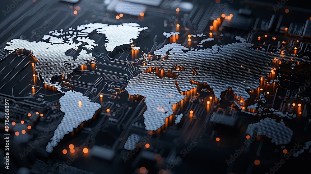 Poster a 3d search engine interface projecting a holographic world map with data points, symbolizing global
