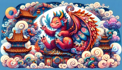 Fototapeta premium Dragones Celestiales en Templos Místicos