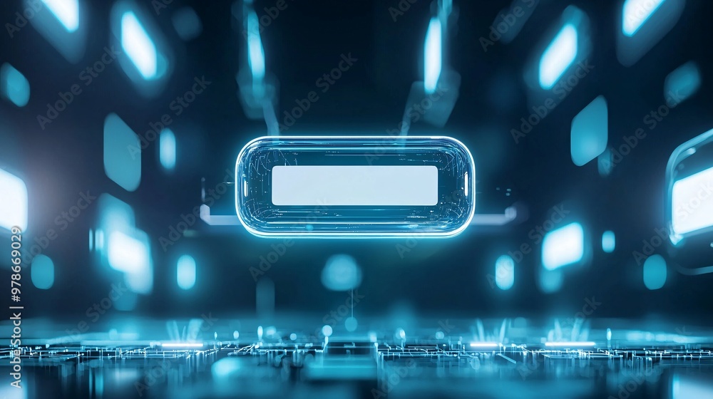 Poster a 3d search bar floating through a virtual reality environment, representing immersive search experi