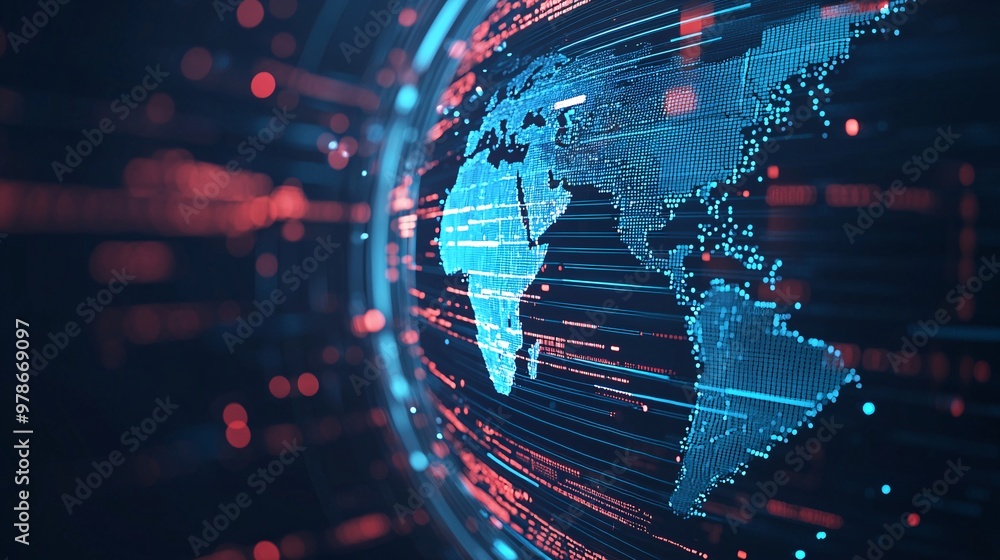 Poster A 3D search engine interface projecting a holographic world map with data points, symbolizing global search reach