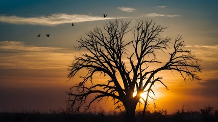 Silhouette of Birds Flying Over a Lone Dead Tree at an Amazing Sunset: Sun Rays Creating a Stunning Background