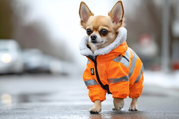 Chihuahua in bright orange safety jacket with reflective strips walking on wet pavement