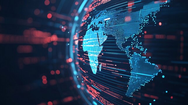 A 3D search engine interface projecting a holographic world map with data points, symbolizing global search reach