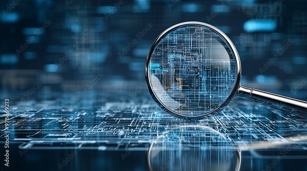 Poster a 3d magnifying glass hovering over a digital blueprint, symbolizing search engines uncovering the s