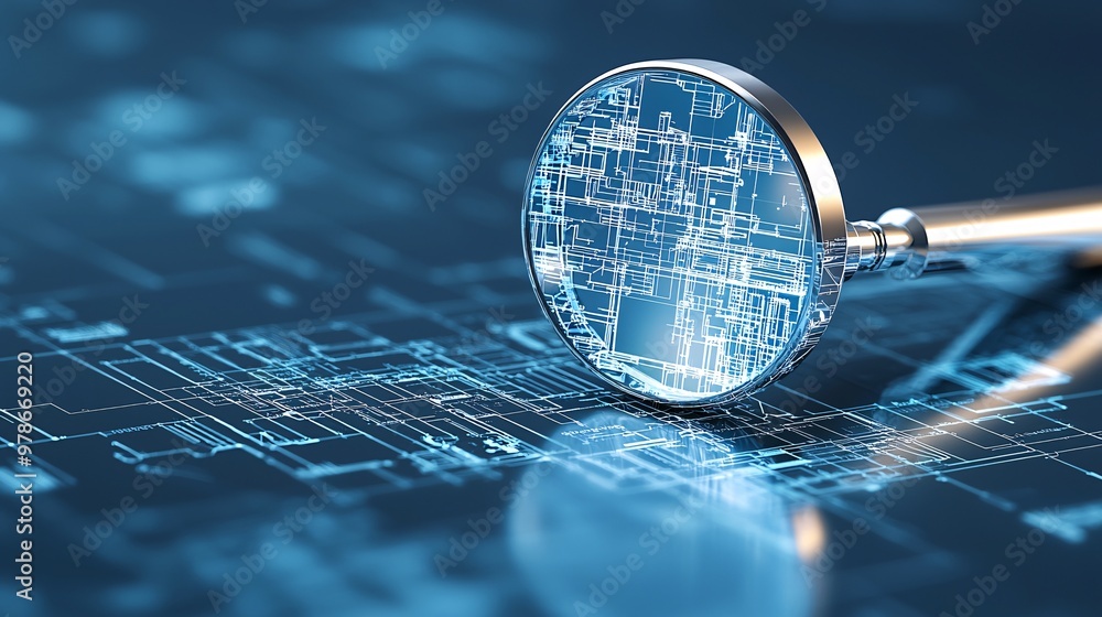 Poster a 3d magnifying glass hovering over a digital blueprint, symbolizing search engines uncovering the s