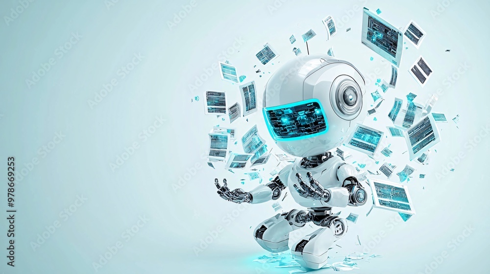 Poster a 3d search engine robot organizing floating search results into categories, symbolizing efficient d