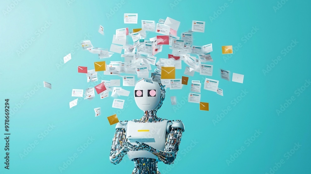 Poster a 3d search engine robot organizing floating search results into categories, symbolizing efficient d