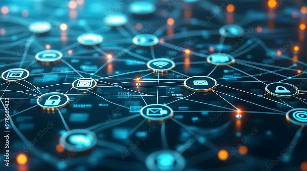 Poster a 3d network of search engine icons connected by glowing threads, symbolizing the interconnectedness
