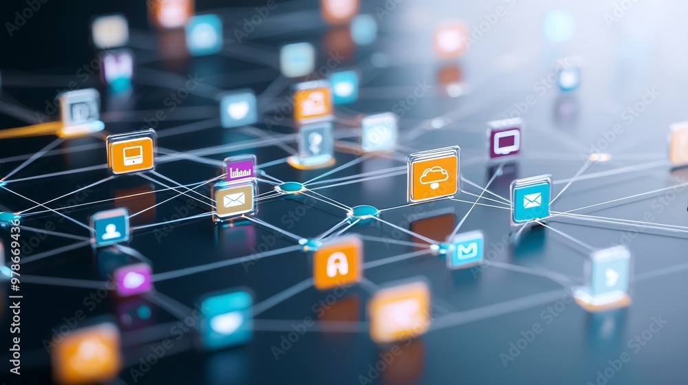 Poster a 3d network of search engine icons connected by glowing threads, symbolizing the interconnectedness