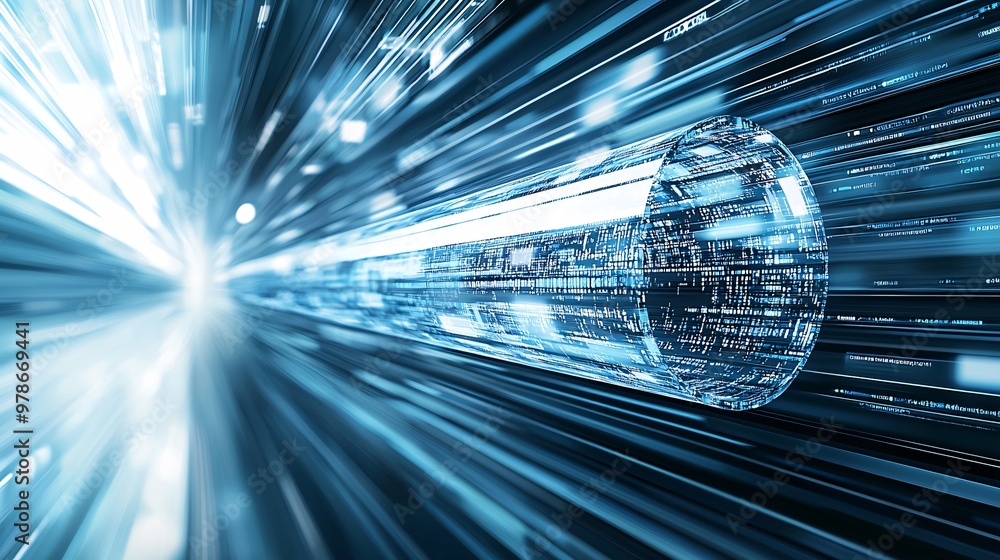 Poster a 3d search bar zooming through a tunnel of data, symbolizing rapid search engine processing