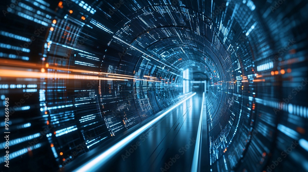 Poster a 3d search bar zooming through a tunnel of data, symbolizing rapid search engine processing