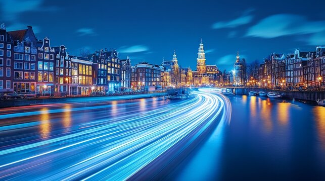 Neon Lights in Motion: Abstract Amsterdam Skyline with Urban Speed and Tech Innovation