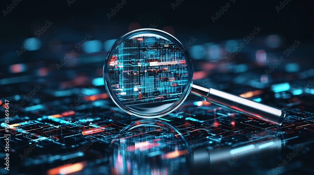 Poster a 3d magnifying glass highlighting key data points in a floating digital grid, symbolizing targeted 