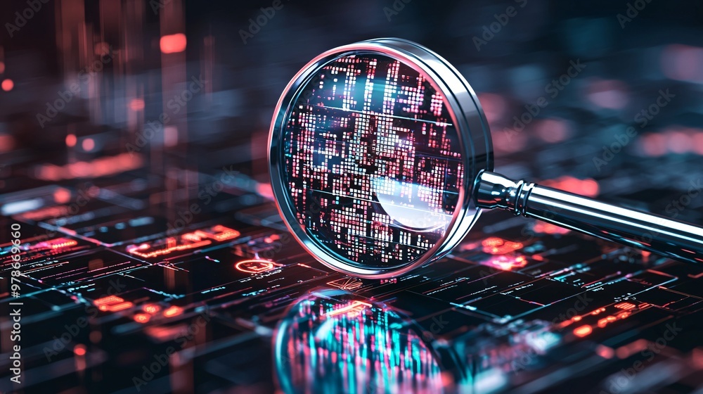 Poster a 3d magnifying glass highlighting key data points in a floating digital grid, symbolizing targeted 