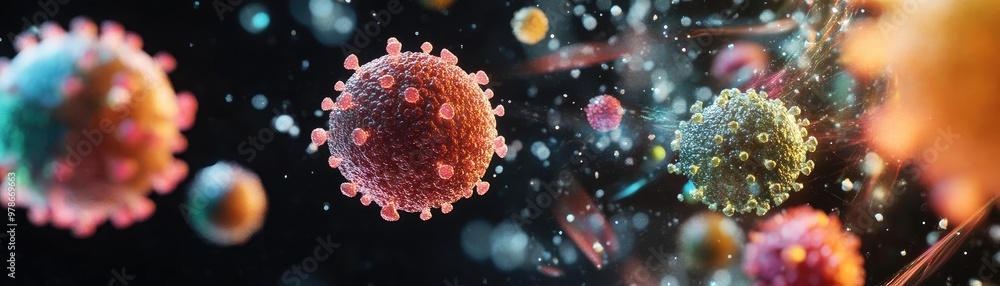 Poster colorful representation of microscopic viruses floating in space, depicting the complexity and diver