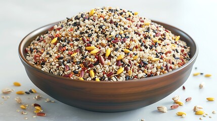 A detailed rendering of a bowl of mixed grains including quinoa rice and barley isolated on a clean background 