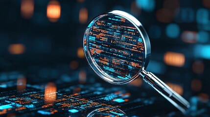 A 3D magnifying glass highlighting key data points in a floating digital grid, symbolizing targeted searches