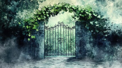 A serene garden gate draped in ivy, inviting nature enthusiasts to explore a mystical outdoor sanctuary.