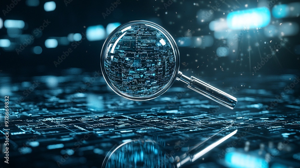 Poster a 3d magnifying glass focusing light beams on search results floating in a virtual space, symbolizin