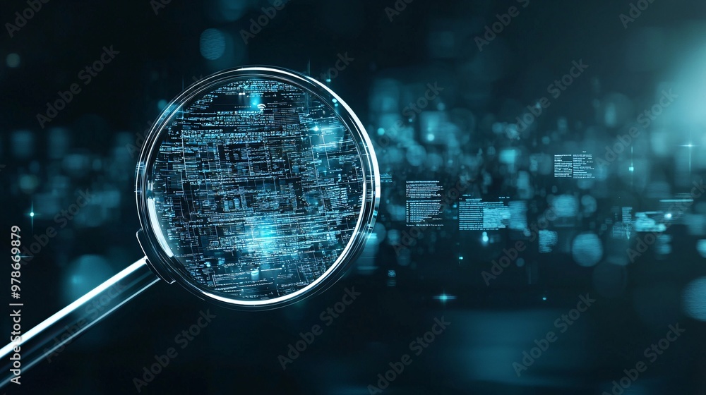 Poster a 3d magnifying glass focusing light beams on search results floating in a virtual space, symbolizin