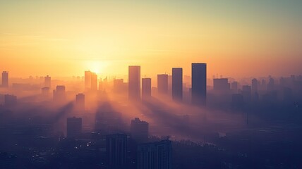 Fototapeta premium A breathtaking city skyline at sunrise, shrouded in mist with soft rays illuminating the towering buildings.
