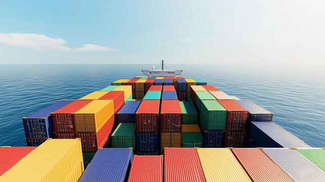 Wide-angle view of an immense cargo ship at sea