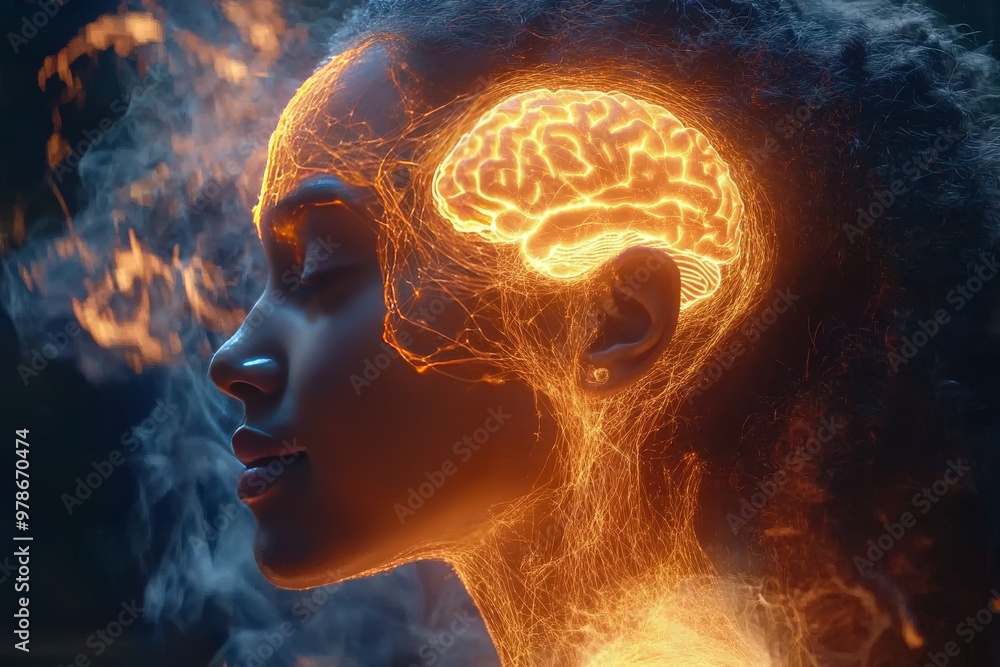 Aufkleber profile of a woman with glowing neural brain visualization representing cognitive activity ai advanc