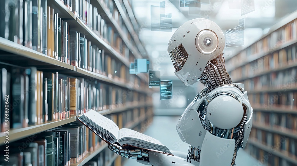 Poster a 3d digital library with search engine robots organizing floating books, symbolizing vast knowledge