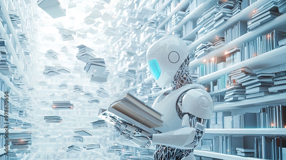Poster a 3d digital library with search engine robots organizing floating books, symbolizing vast knowledge
