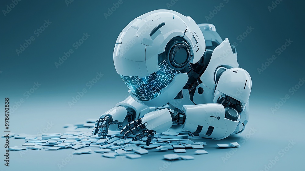 Poster a 3d search engine robot assembling a digital mosaic of search results, symbolizing the art of infor