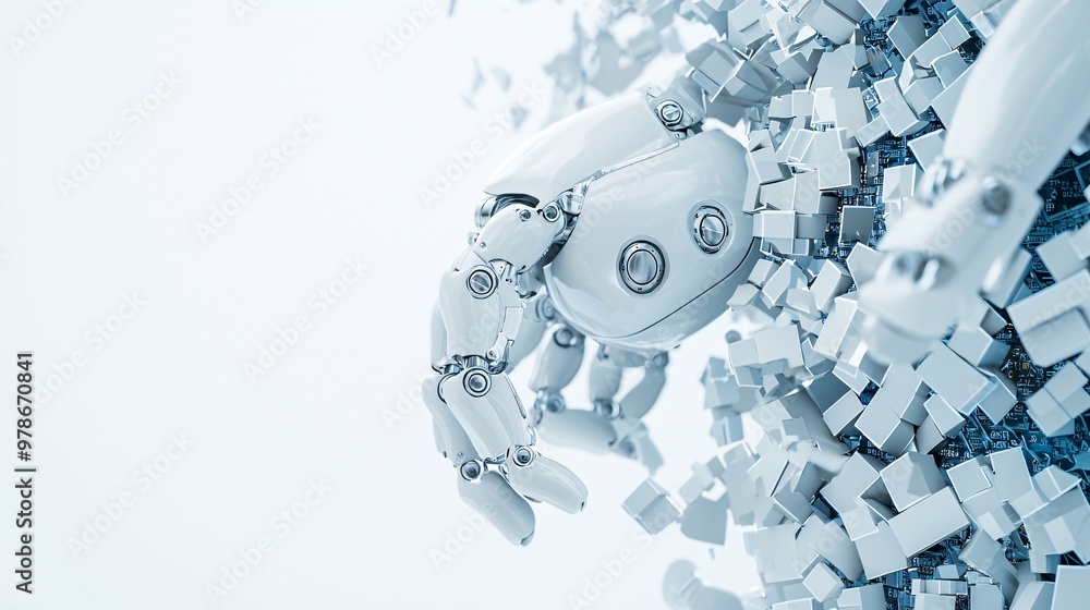 Poster a 3d search engine robot assembling a digital mosaic of search results, symbolizing the art of infor