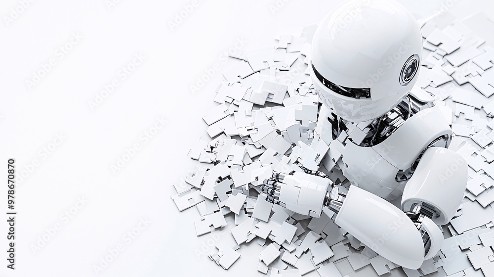 Poster a 3d search engine robot assembling a digital mosaic of search results, symbolizing the art of infor