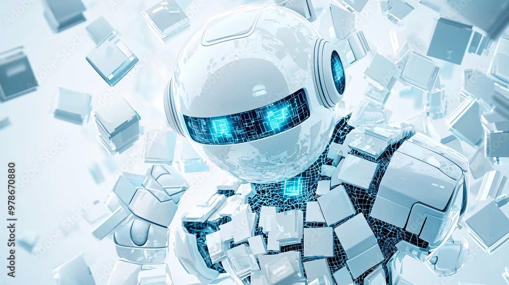 Poster a 3d search engine robot assembling a digital mosaic of search results, symbolizing the art of infor