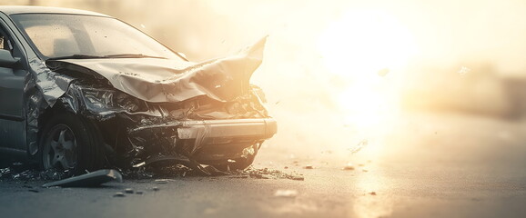 Car crash scene. Powerful imagery for insurance advertising and road safety campaigns. Place for text