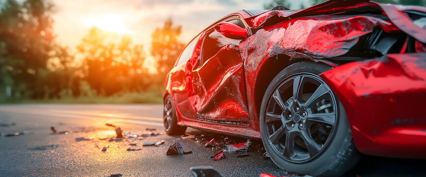 Damaged red sports car, insurance and automotive industry advertising with copy space