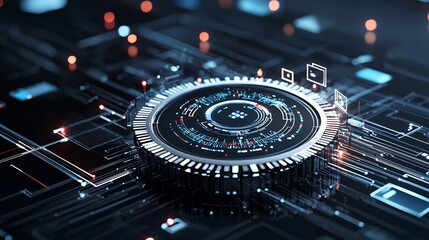 A 3D search engine interface with dynamic, rotating search results, symbolizing real-time data processing