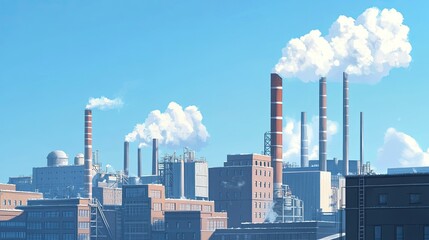 Obraz premium A factory park with sprawling industrial buildings and tall chimneys, set against a cloudless blue sky.