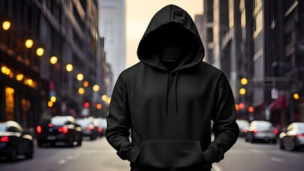 Fototapeta premium Blank hoodie mockup .Blank sweatshirt black color preview template front and back view on city road background. crew neck mock up isolated on white background. Cloth collection.