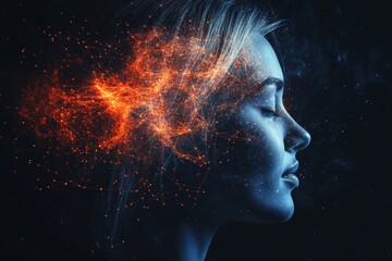 Silhouette of a woman with glowing neural waves symbolizing mental energy cognitive power and futuristic advancements in bio digital integration