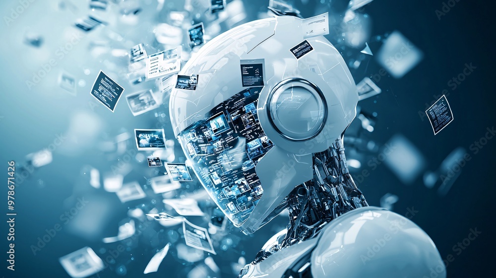 Poster a 3d search engine robot curating a gallery of floating images and text, symbolizing personalized se