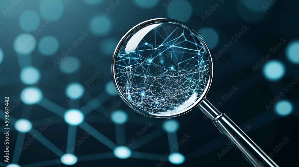 Poster a 3d magnifying glass revealing hidden digital nodes in a network, symbolizing the search engine's c