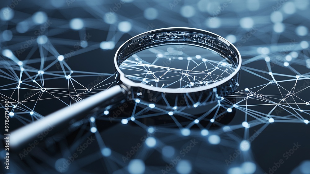 Poster a 3d magnifying glass revealing hidden digital nodes in a network, symbolizing the search engine's c
