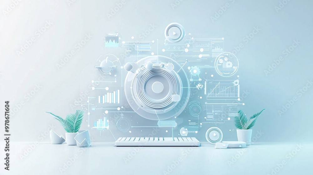 Poster a 3d search engine interface with interactive, rotating search filters, symbolizing advanced search 