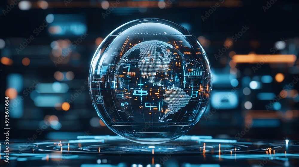 Poster a 3d holographic search engine displaying a rotating globe with live search queries, symbolizing glo