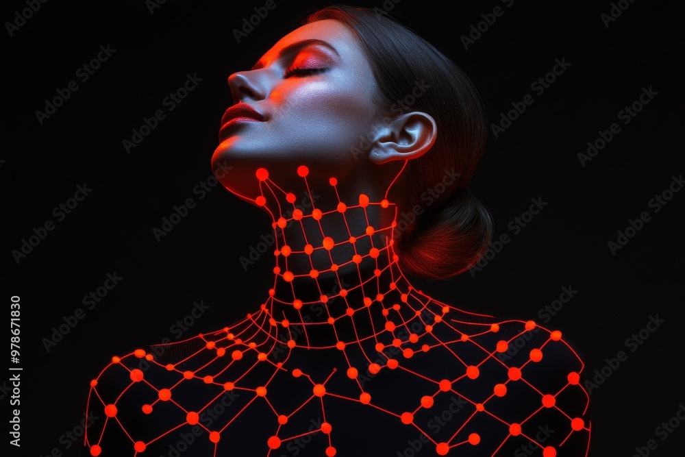 Aufkleber woman in glowing red grid pattern symbolizing digital identity human tech fusion and the transformat