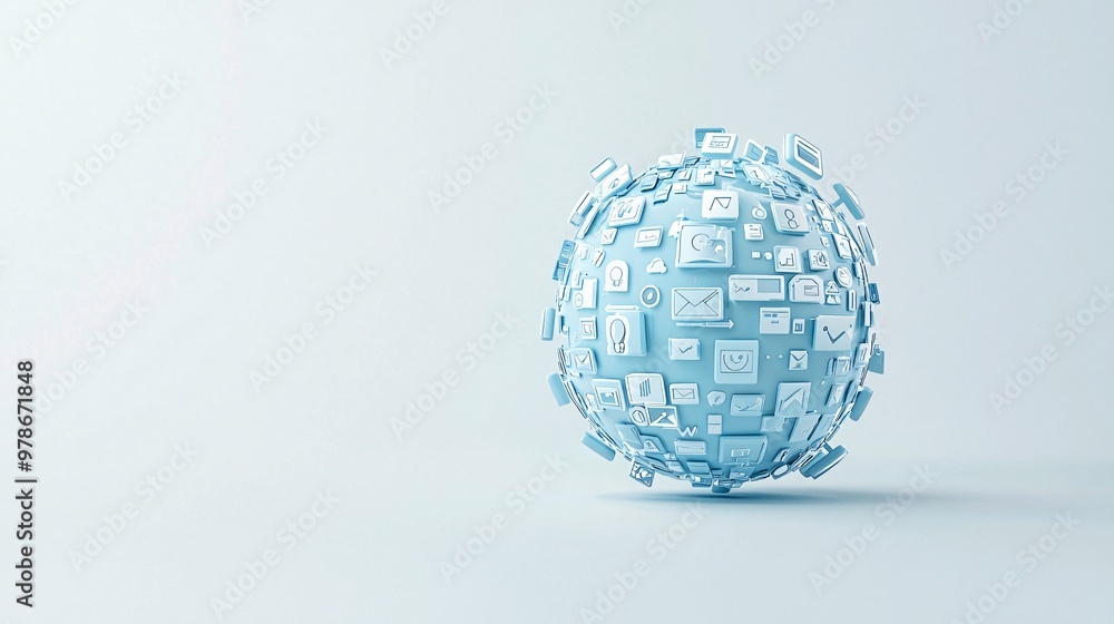 Poster a 3d globe with search engine icons orbiting around it, symbolizing global internet connectivity