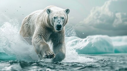 Naklejka premium Polar Bear Running Through Water.