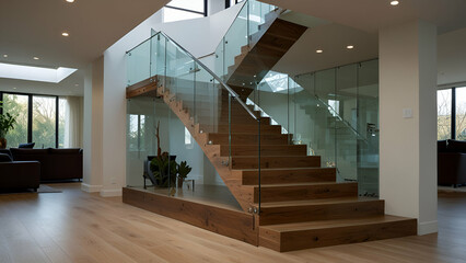 Fototapeta premium Modern staircase design with sleek, transparent railings showcasing elegance and contemporary style.