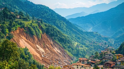 A breathtaking view of mountains showcasing a landslide, with lush greenery and charming houses nestled in the valley.