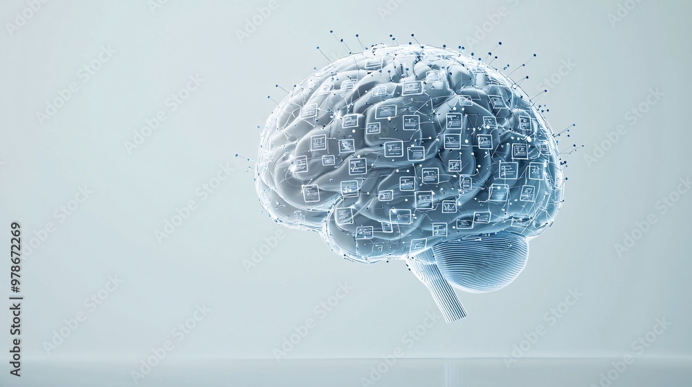 Poster a 3d digital brain with interconnected nodes, each representing a search result, symbolizing ai-powe